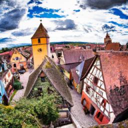 Riquewihr erstrahlt in vollem Glanz: Aufgenommen mit einem Weitwinkelobjektiv direkt vor dieser atemberaubenden Sehenswürdigkeit in Elsass