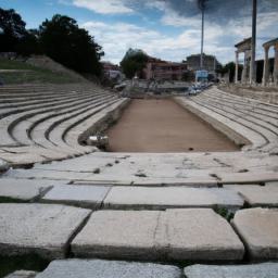 Römische Stadion von Plovdiv erstrahlt in vollem Glanz: Aufgenommen mit einem Weitwinkelobjektiv direkt vor dieser atemberaubenden Sehenswürdigkeit in Plovdiv