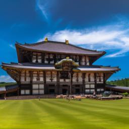 Todai-ji Tempel, Nara erstrahlt in vollem Glanz: Aufgenommen mit einem Weitwinkelobjektiv direkt vor dieser atemberaubenden Sehenswürdigkeit in Japan