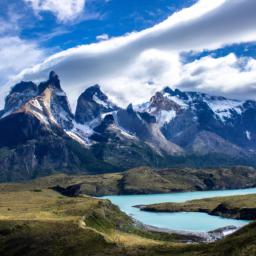 Torres del Paine Nationalpark erstrahlt in vollem Glanz: Aufgenommen mit einem Weitwinkelobjektiv direkt vor dieser atemberaubenden Sehenswürdigkeit in Chile