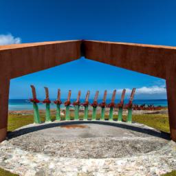 Tarawa War Memorial erstrahlt in vollem Glanz: Aufgenommen mit einem Weitwinkelobjektiv direkt vor dieser atemberaubenden Sehenswürdigkeit in Kiribati