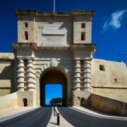 Valetta City Gate erstrahlt in vollem Glanz: Aufgenommen mit einem Weitwinkelobjektiv direkt vor dieser atemberaubenden Sehenswürdigkeit in Valetta