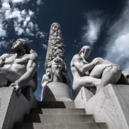 Vigeland Skulpturenpark in Oslo erstrahlt in vollem Glanz: Aufgenommen mit einem Weitwinkelobjektiv direkt vor dieser atemberaubenden Sehenswürdigkeit in Norwegen