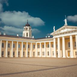 Vilnius Universität erstrahlt in vollem Glanz: Aufgenommen mit einem Weitwinkelobjektiv direkt vor dieser atemberaubenden Sehenswürdigkeit in Vilnius